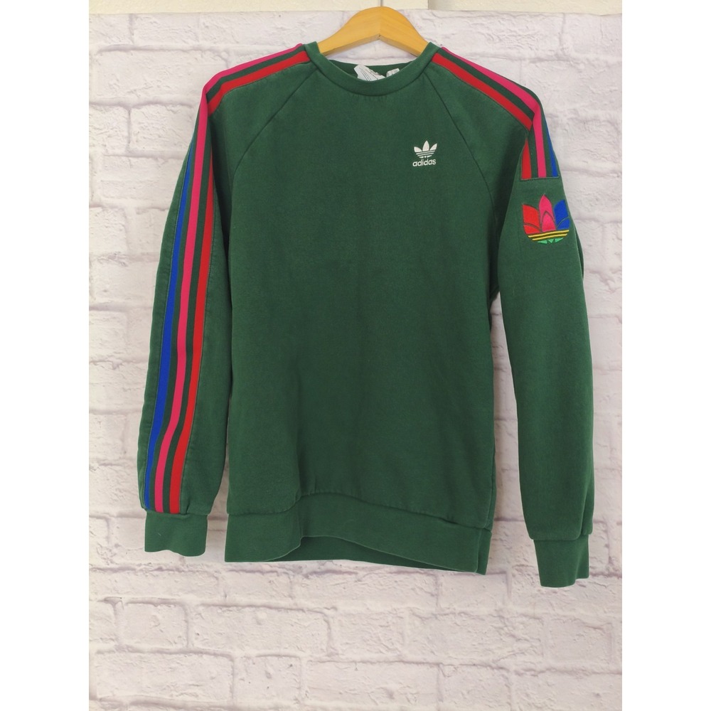 Adidas Originals Mens Green MultiColor 3-Stripe Trefoil Crewneck Sweatshirt SZ S